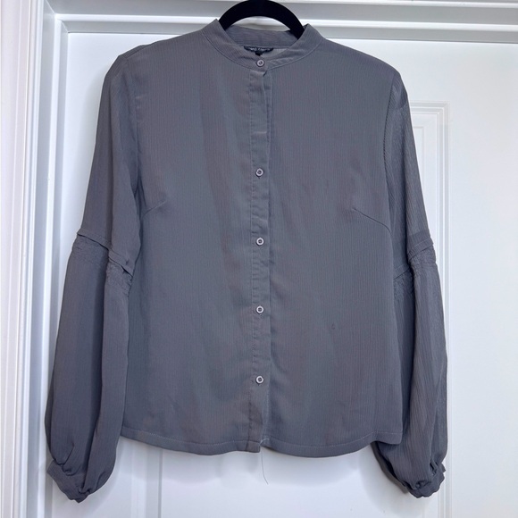 Oleg Cassini Womens Grey Button Down Long Sleeve Collarless Top Blouse - Picture 1 of 7
